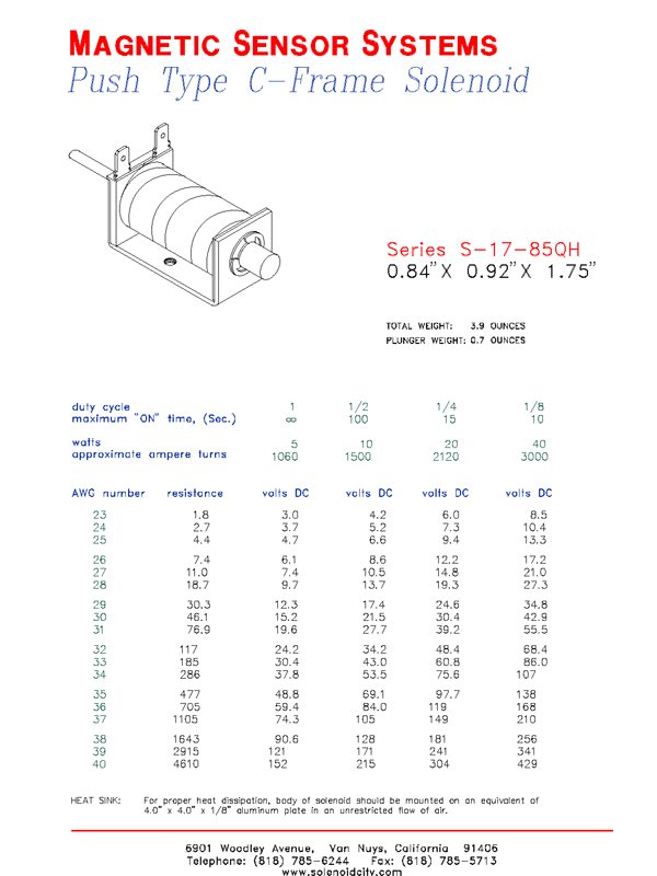 Open Frame Push Type Solenoid  S-17-85-QH  Page 1