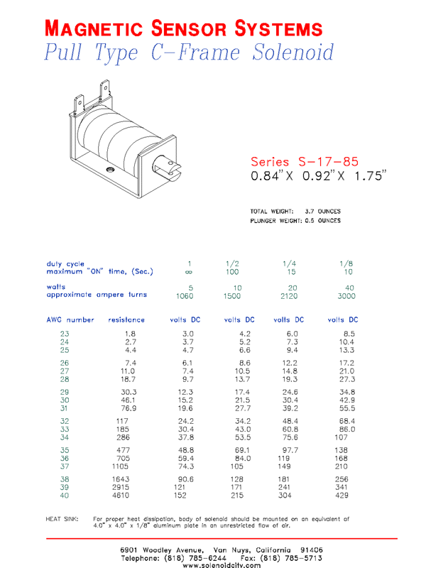 Open Frame Pull Type Solenoid  S-17-85  Page 1