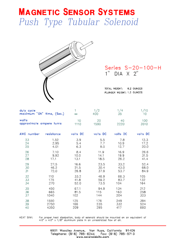 Tubular Push Type Solenoid  S-20-100-H  Page 1