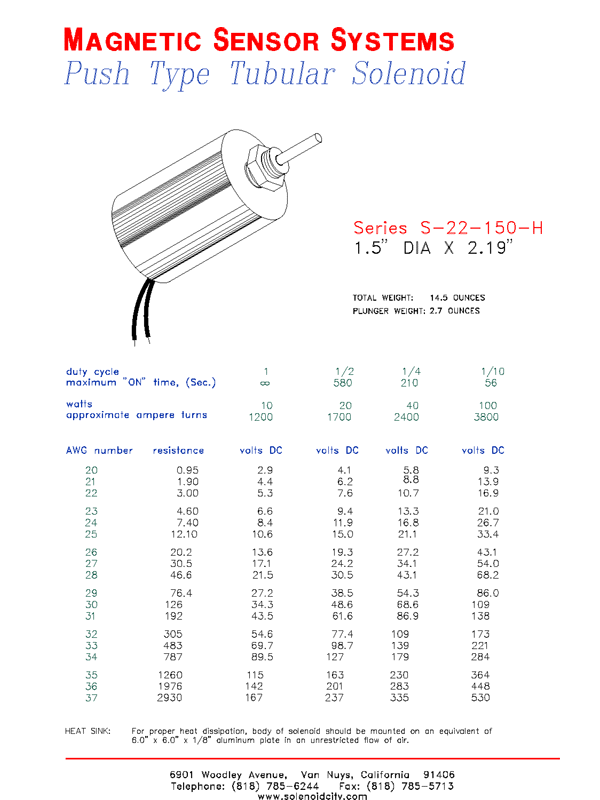 Tubular Push Type Solenoid  S-22-150-H  Page 1