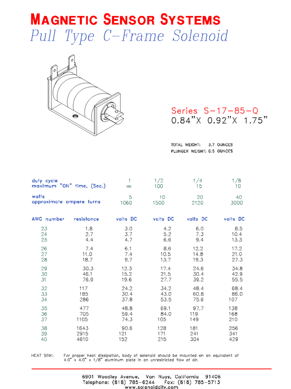 Open Frame Pull Type Solenoid  S-17-85-Q  Page 1