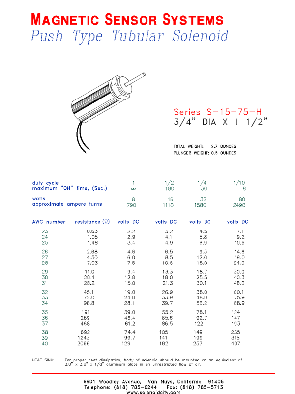 Tubular Push Type Solenoid  S-15-75-H  Page 1