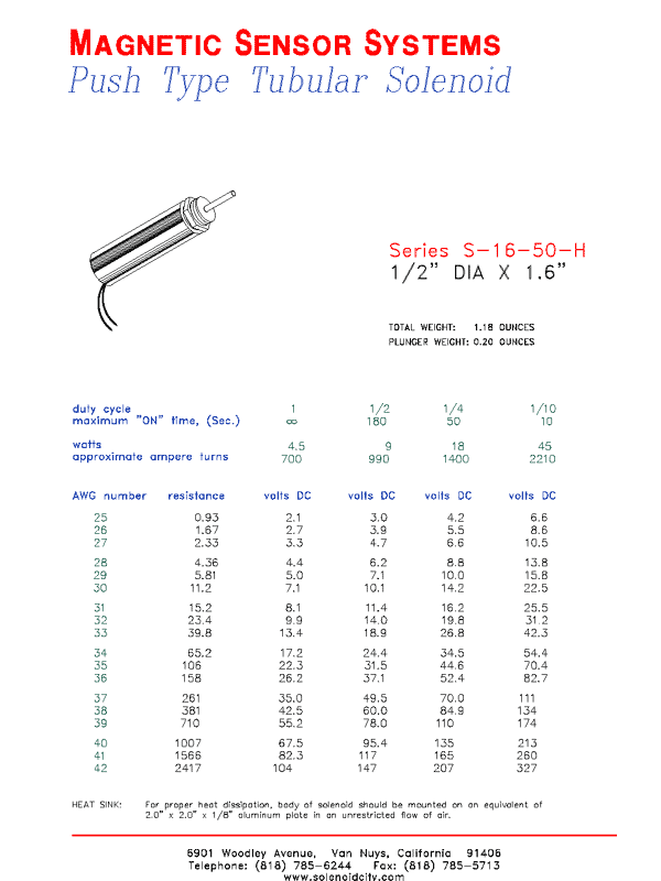 Tubular Push Type Solenoid  S-16-50-H  Page 1