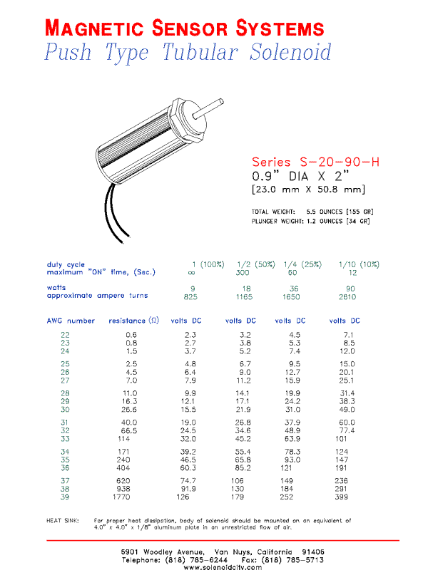 Tubular Push Type Solenoid  S-20-90-H  Page 1