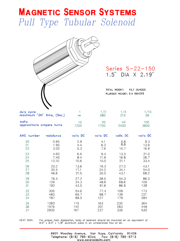 Tubular Pull Type Solenoid  S-22-150  Page 1
