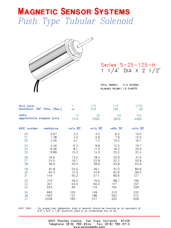 Tubular Push Type Solenoid  S-25-125-H  Page 1